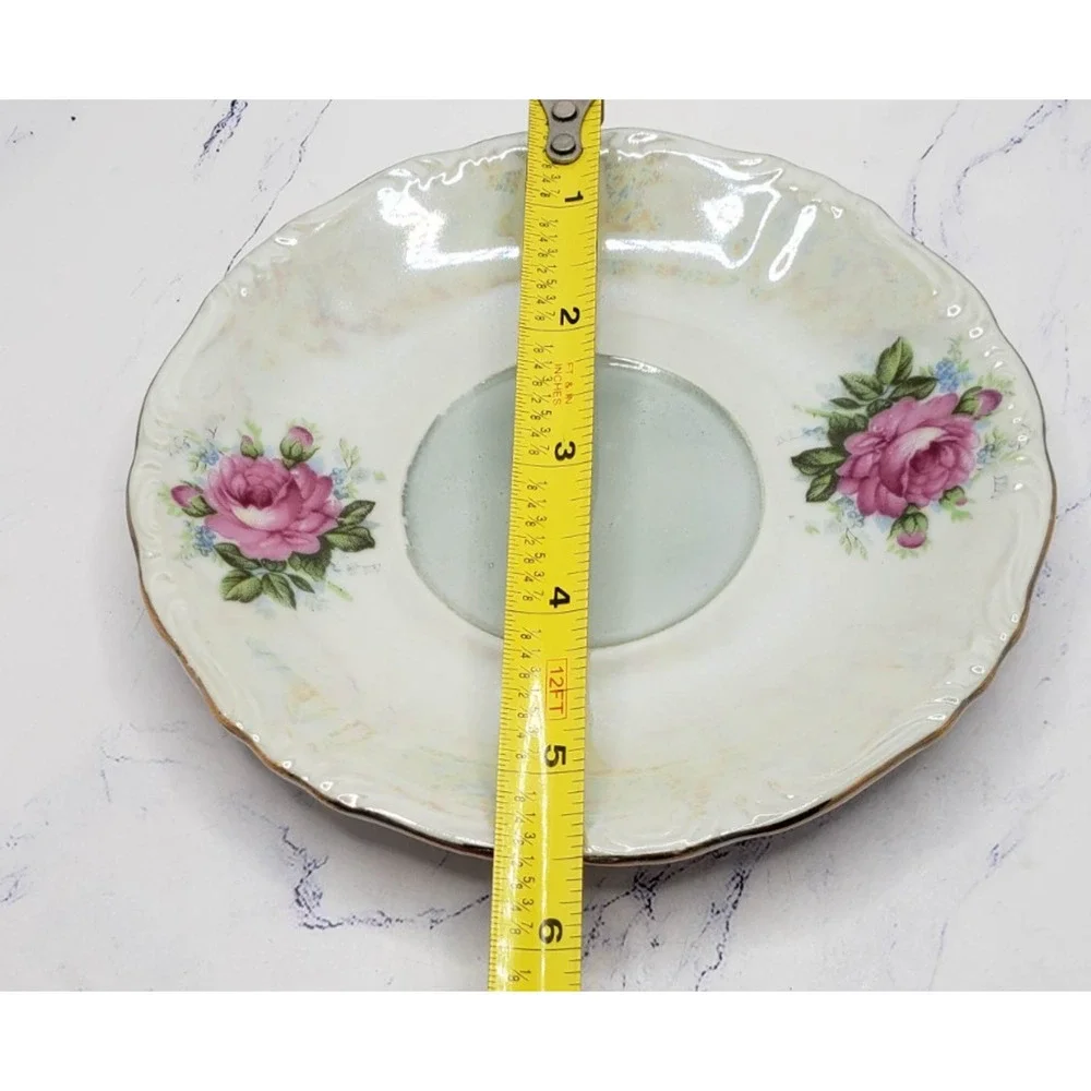 Porcelain Lusterware Pink Rose With Gold Trim Footed Teacup & Saucer Set